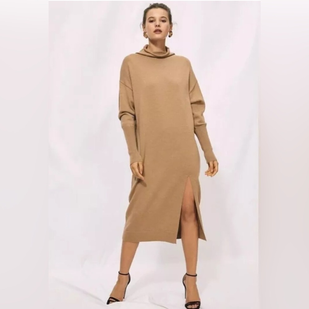 Wilfred Aritzia Cyprie Sweater Dress Neutral Beige Size XS Merino Wool Midi